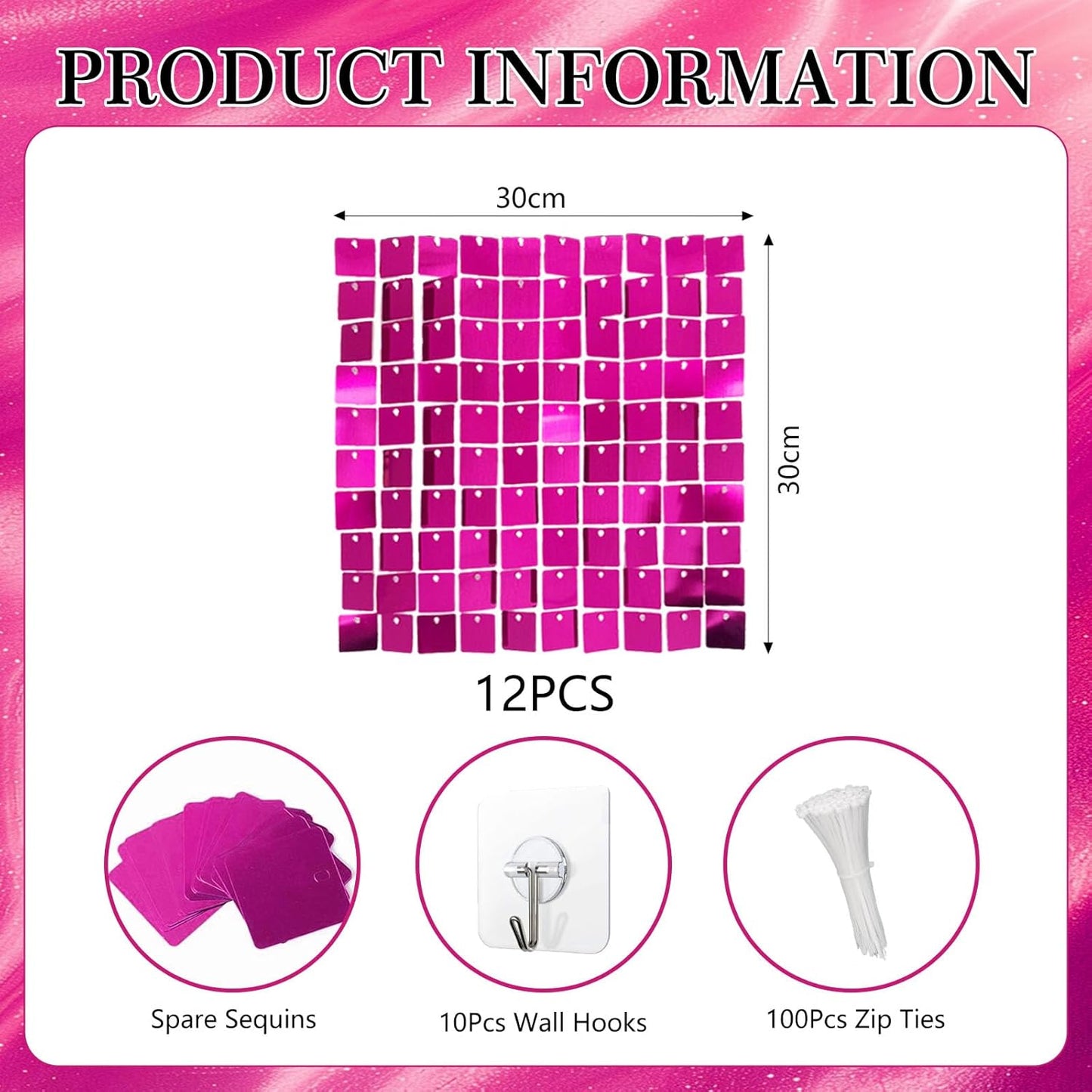 12PCS Fuchsia Shimmer Wall Backdrop, Square Sequin Photo Backdrops Panel, Glitter Wall Background for Birthdays, Weddings, Engagements, Baby Showers, Disco Bachelorette Party Decoration (3FTx4FT)