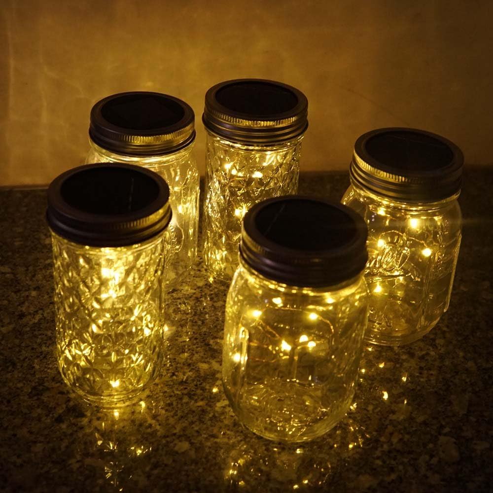6 Pack Mason Jar Lights, 10 LED Solar Warm White Fairy String Lights Lids Insert for Garden Deck Patio Party Wedding Christmas Decorative Lighting Fit for Regular Mouth Jars