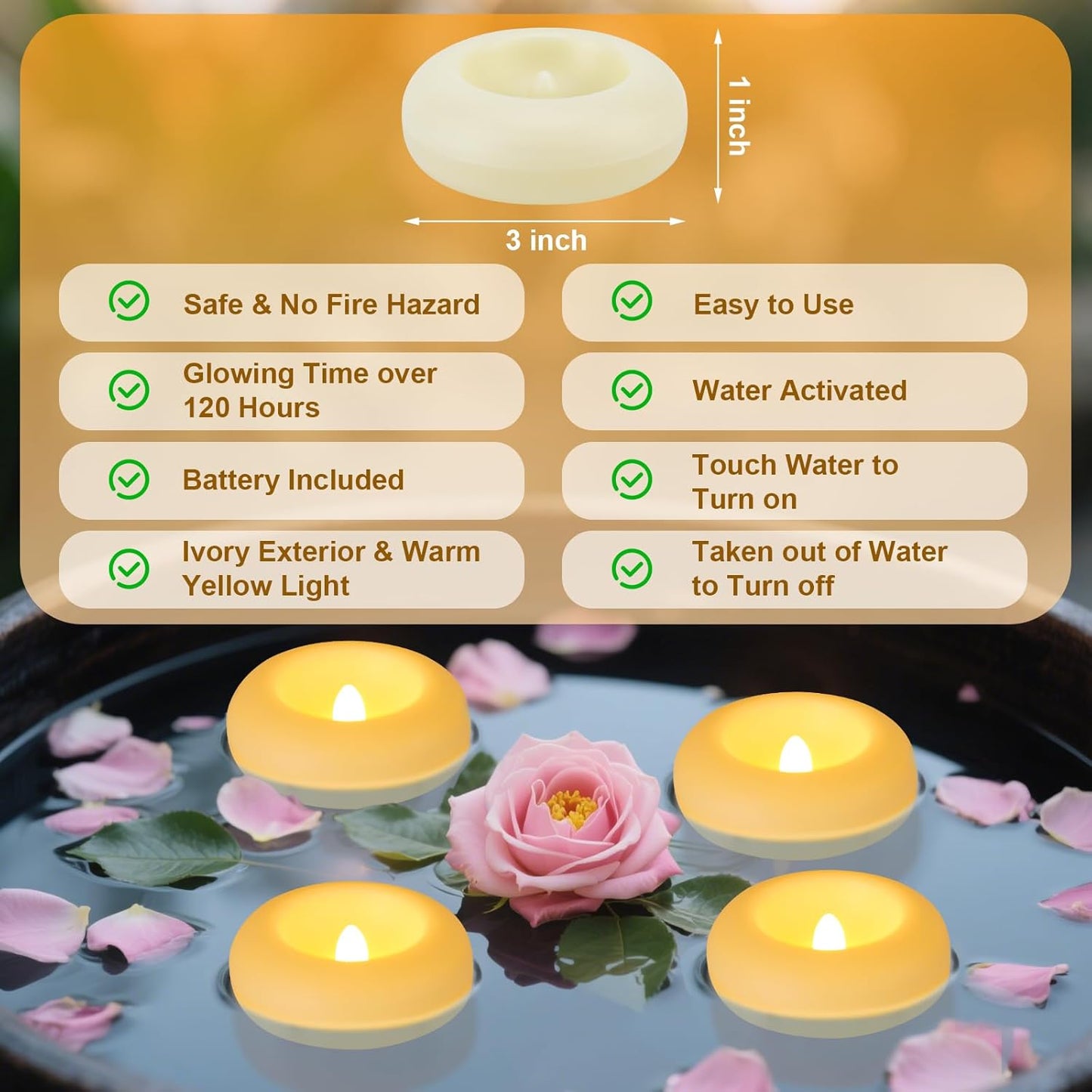 Aignis 36pcs Flameless LED Floating Candles Battery Operated, 120+ Hours Glow Time, 3 Inch Ivory Plastic Tealights, Cozy Warm Yellow Light for Romantic Pool/Bathtub/Hot Bath/Wedding Centerpiece Decor