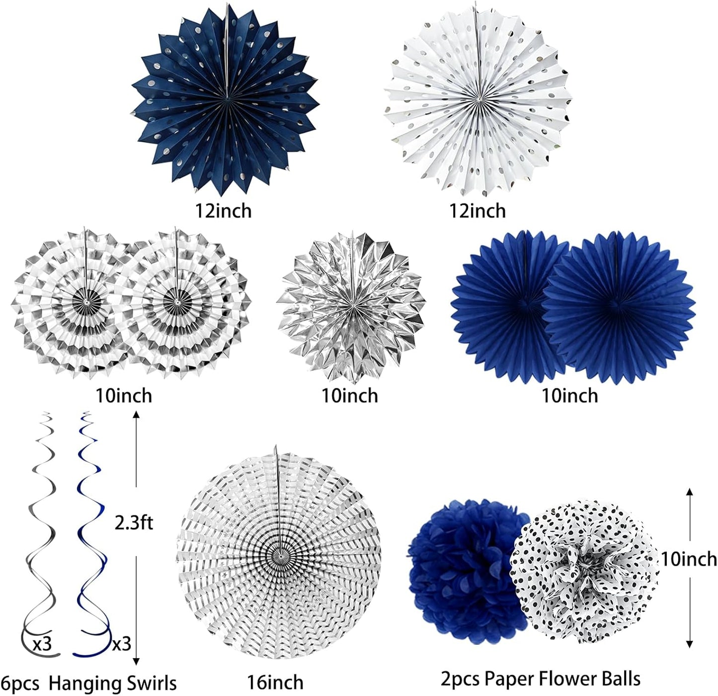 Navy-Blue White Silver Graduation Party-Decorations 33pcs Kits Banner, Paper Lantern Fans,Tissue Pom Poms Honeycomb, Streamers Tassel Garland,Bridal Shower Birthday Wedding Bachelorette Decor