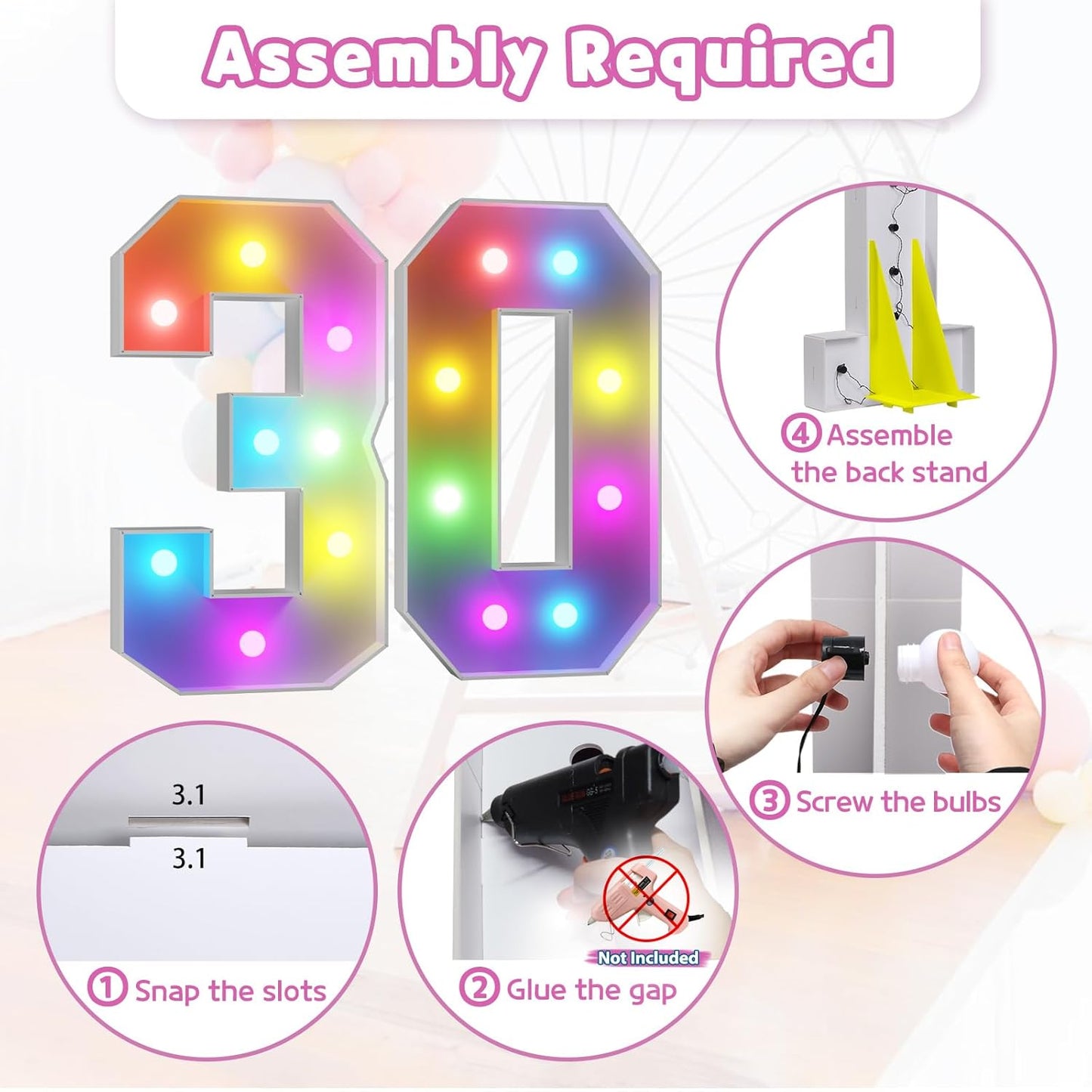 Marquee Numbers 30th-Birthday Decoration: Colorful 3FT Large Light Up 30 Year Old Birthday Decorations Anniversary Backdrop for Boys Girls Cardboard Sign 18 Colors Number 30 Mosaic Balloon Frame