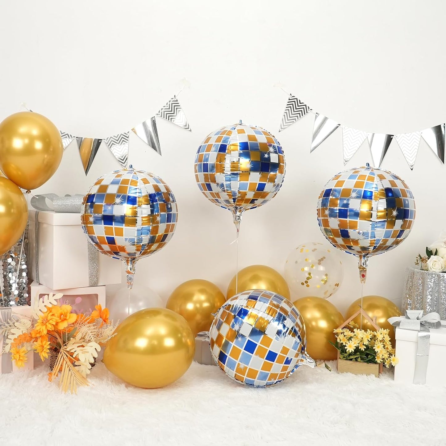 Disco Ball Balloons Blue Gold 4PC,Foil Disco Balloons 22 Inch 4D Round Blue Yellow Balloon for 70s 80s Birthday Bachelorette Graduation Decorations