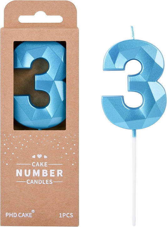 PHD CAKE 2.76 Inch Crystal Blue 3 Number Birthday Candles, Blue Number Candles, Cake Number Candles, Party Celebration