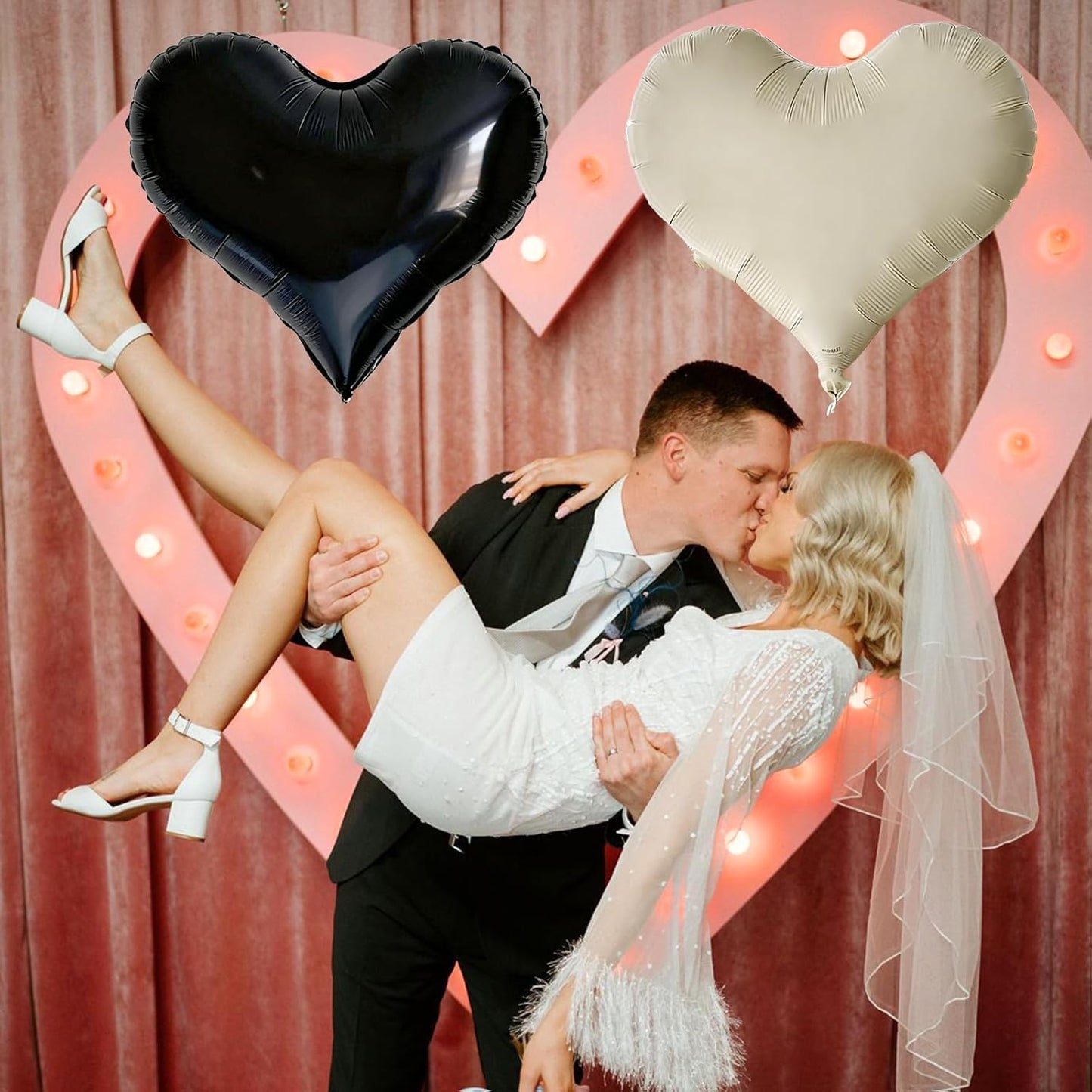 Black Cream White Heart Balloons,24Inch Large Heart Foil Balloons for Valentine's Day Birthday Wedding Baby Shower Anniversary Party Decorations