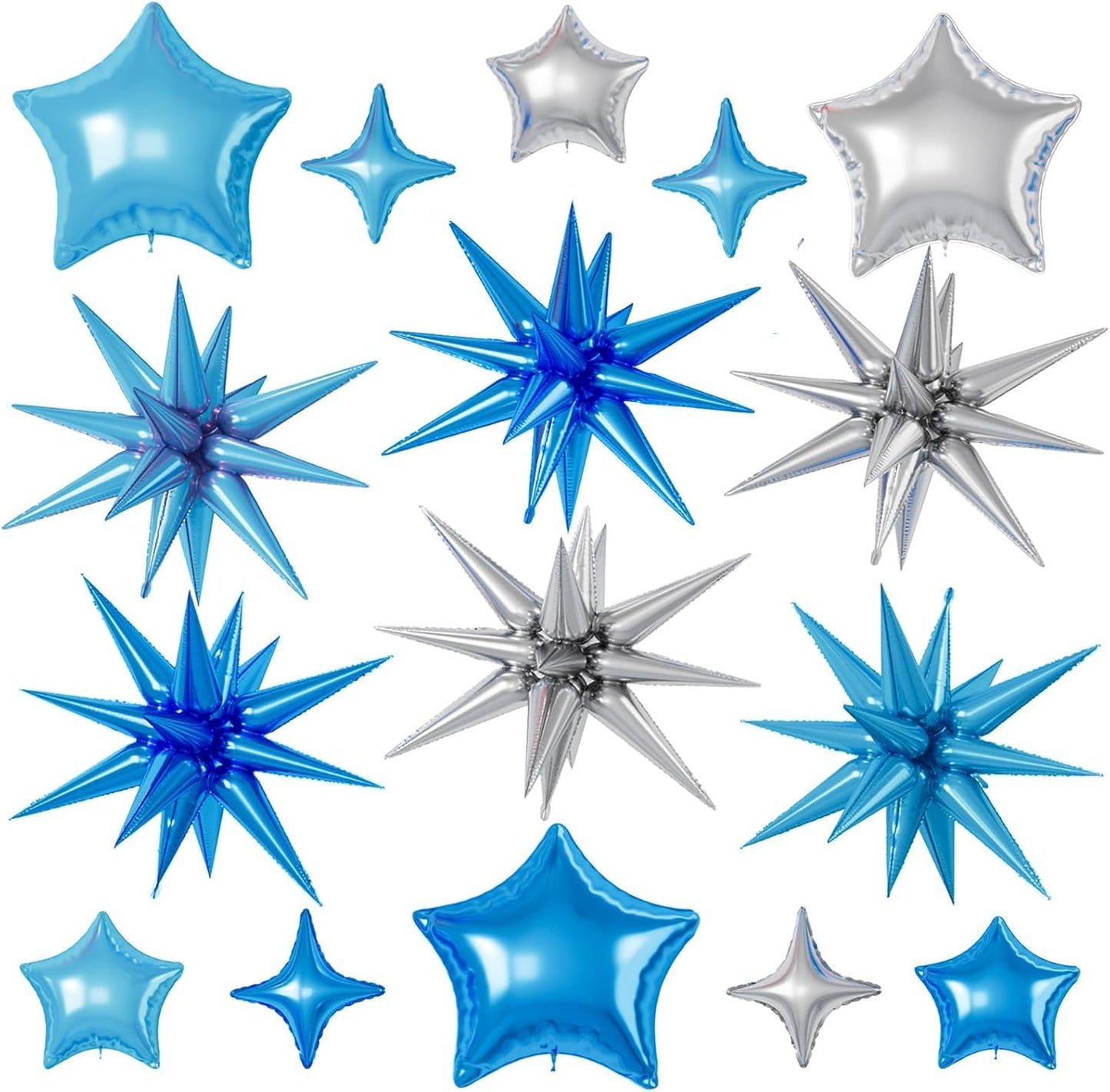 16 Pcs Blue Silver Star Balloons, 22/18/10 Inch Foil Balloons, Four-Pointed Balloon for Kids Boy Men Birthday Graduation Wedding Baby Shower Party Decorations