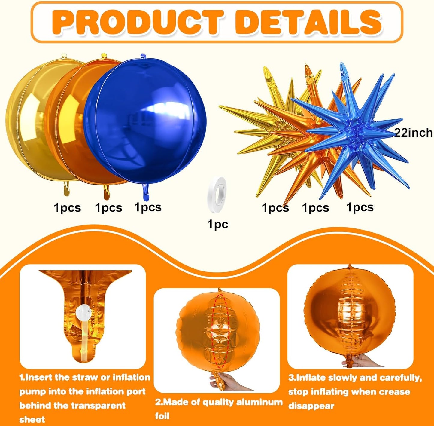 6Pcs Blue Orange Gold Foil Balloons,22Inch Orange Blue Gold 4D Round Ball Balloon and Explosion Star Balloon for Birthday Wedding Baby Shower Anniversary Party Decorations