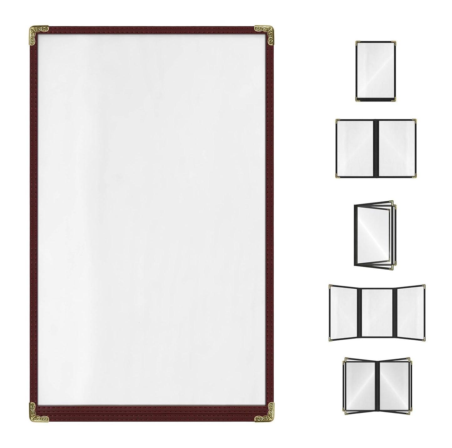 Goodsmart Restaurant Menu Covers – 25 Pack Burgundy 2-View, Top-Loading Menu Holders, Vinyl & Plastic Café Menu Covers, Clear Menu Sleeves, Fits 11" x 17" & 8.5" x 11", Gold Corners