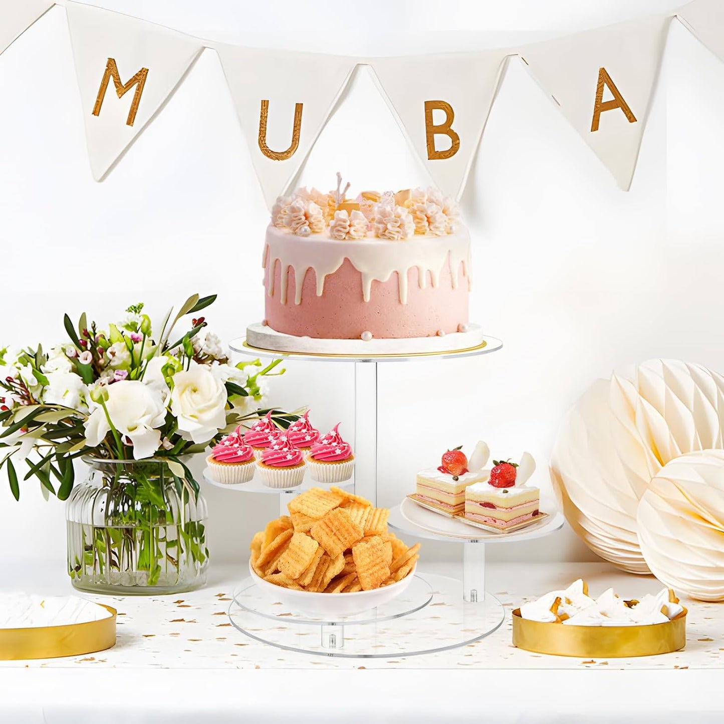 4 Tier Clear Cake and Cupcake Stand Combo for Birthday Party Decor, Acrylic Cupcake Tower Stand for 50 Cupcakes, Cupcake Holder Dessert Pastry Display for Wedding Baby Shower Tea Party