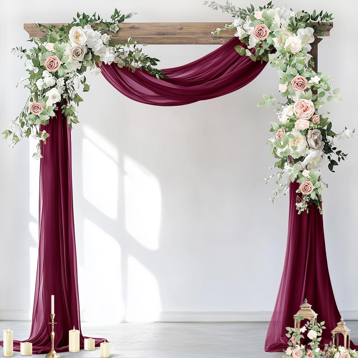 Socomi Wedding Arch Draping Fabric 1 Panel 29" x 19Ft Burgundy Sheer Chiffon Curtain Drapes 6 Yards for Wedding Ceremony Birthday Party Decoration