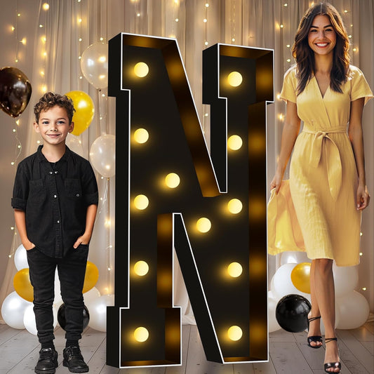 Pooqla 4 FT Marquee Light Up Letters, Black Letter Lights 4 Feet Tall, Giant Sign Big Mosaic for Balloons Birthday Party Anniversary Wedding Decorations, Warm White N