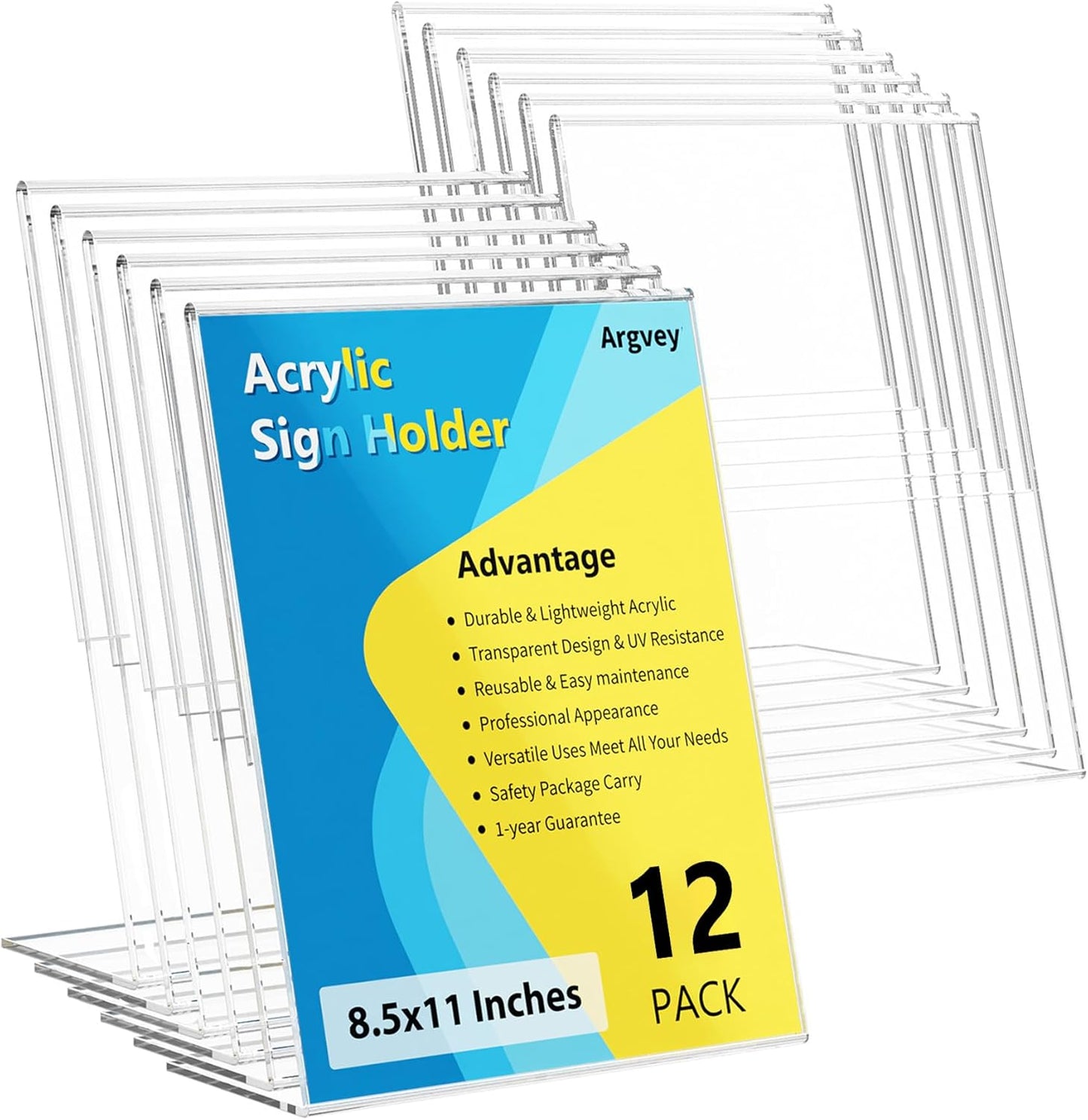 12 Pack Acrylic Sign Holder, Clear 8.5 x 11 Inch Slant Back Vertical Sign Holder, Tabletop Plastic Paper Picture Frame Flyer Document Holder Display Stand for Home, Office, Restaurants, and Stores