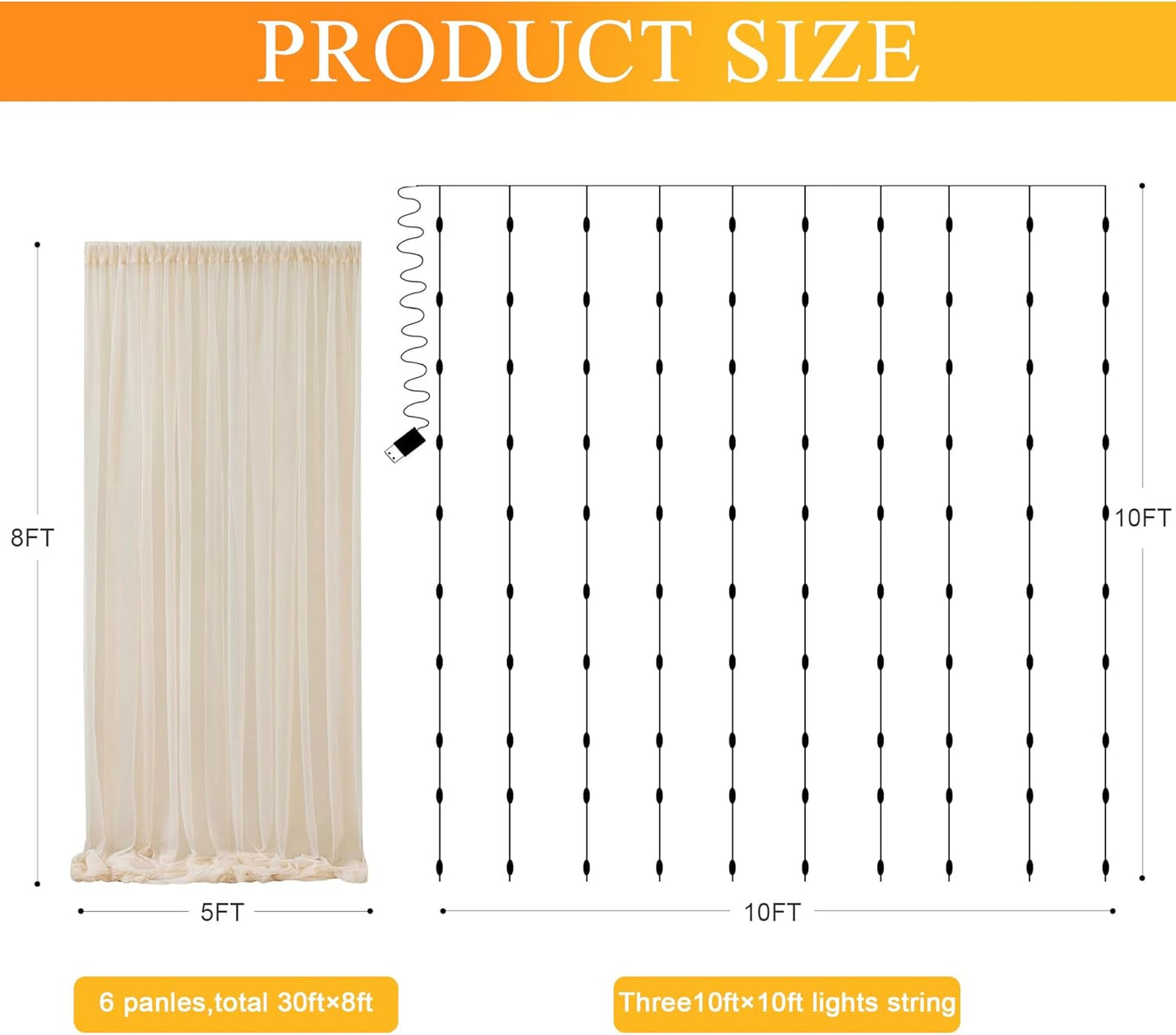 Fomcet Tulle Backdrop Curtains Champagne 30FT X 8FT Tulle Curtains with Lights String Sheer Backdrop Curtain for Parties Wedding Baby Shower Photo Shoot Decorations (6 Panels 5 x 8FT)