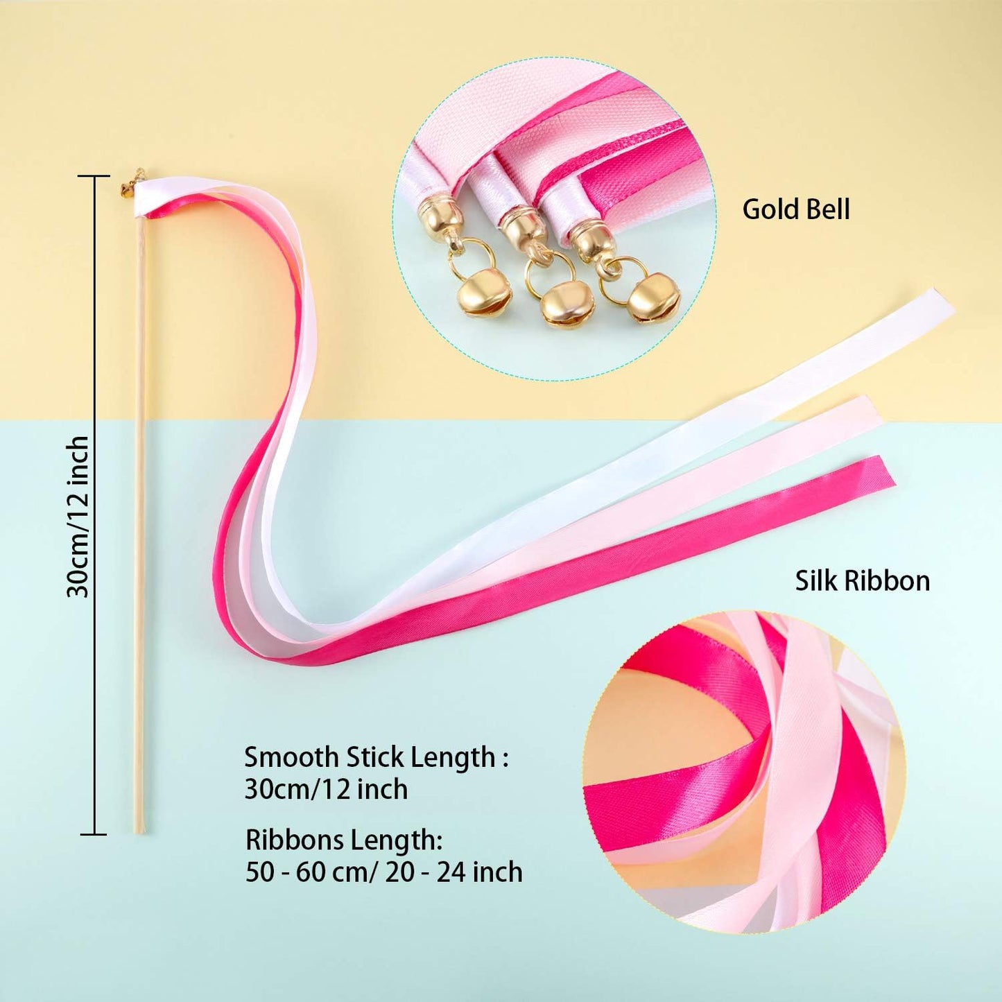 Boao 40 Pieces Mixed Color Ribbon Sticks with Bell, Ribbon Sticks for Stick Party, Streamers for Wedding Birthday Party Celebration Baby Shower Favors(Multicolor)