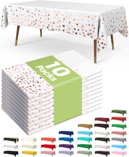Pureegg Plastic Table Cloth Disposable 10 Pack, 54 x 108 Inch Table Cloths, Graduation Decorations of 2025, Graduation Tablecloths, Rectangle, Plastic Cover, Leakproof & Sturdy, White and Rose Gold