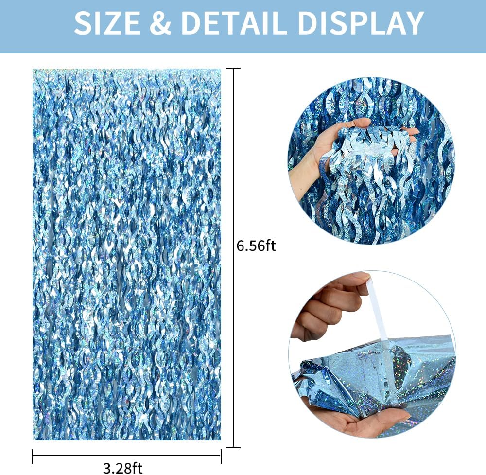 TONIFUL 3Pcs Wavy Metallic Tinsel Foil Fringe Curtains Light Blue Streamer Backdrop for Photo Booth Props,Party Door Wall Curtains,Bachelorette,Underwater World Birthday Party Decor (9.9ft x 6.6ft)