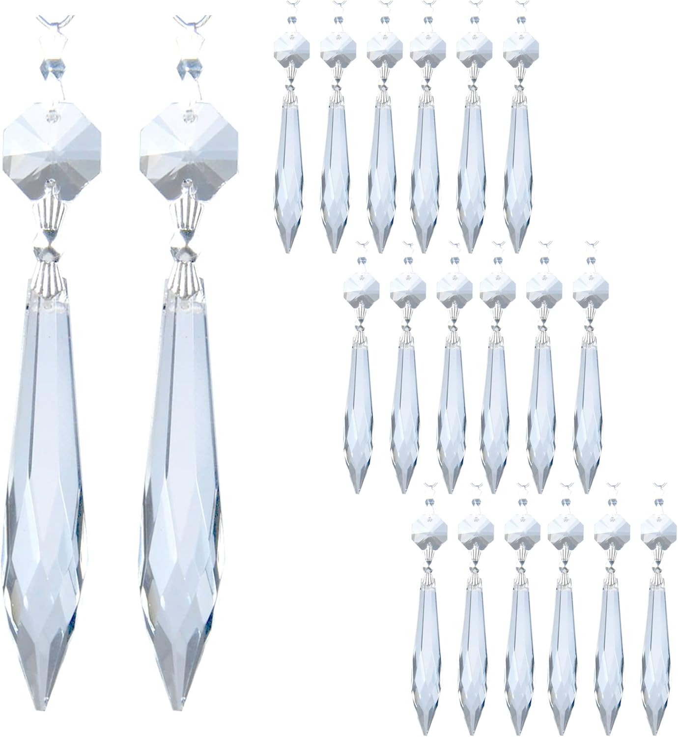 HDCRYSTALGIFTS 20Pcs Chandelier Icicle Crystal Prisms with Bead Crystals Lighting Lamp Replacement Parts (63mm, Clear)