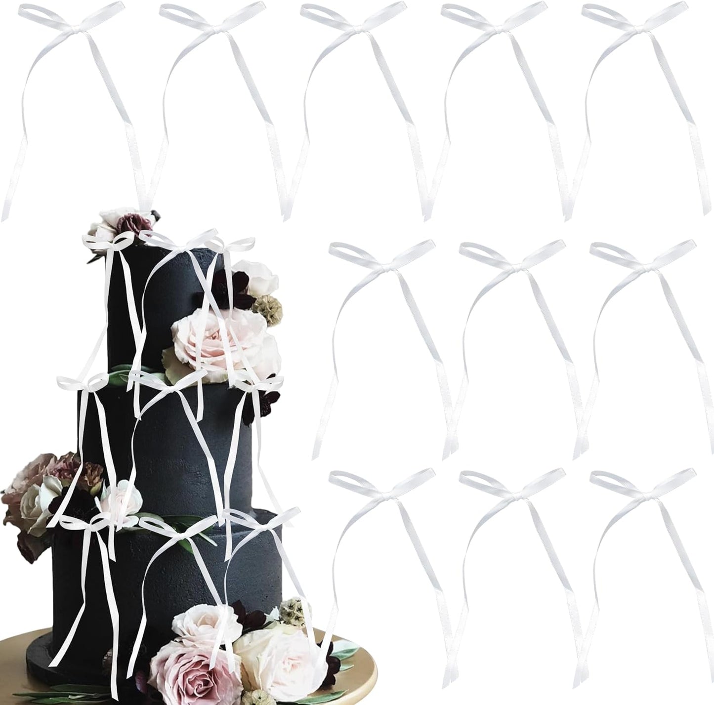 Ephlyn 30Pcs Bow Cupcake Toppers Valentine's Bowknot Ribbons Coquette Bow High Footed Cup Balloon Wall Party Decorations Cake Dessert Picks Baby Girl Birthday Wedding Party Supplies White