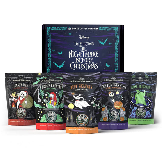 Bones Coffee Company The Nightmare Before Christmas Collector's Box 5 Flavored Coffee Low Acid Medium Roast Arabica Beans Specialty Coffee Gifts For Auto Drip and French Press, 4 oz Pack of 5 Whole