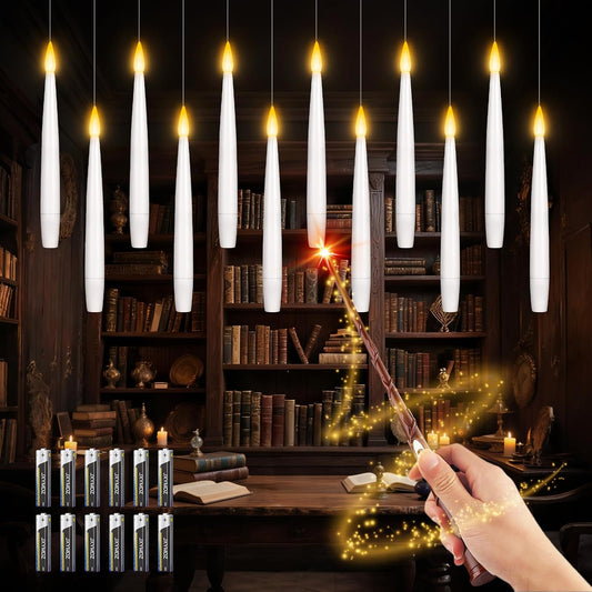 Halloween Decorations, 12 Pcs Floating Candles with Wand Remote, Battery (indluded) Operated Magic Wand Hanging LED Candles, Flameless Flickering Taper Candles for Halloween Christmas Decor Birthday