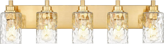5-Light Bathroom Light Fixtures, 30 Inch Brushed Gold Vanity Lights with Clear Hammered Glass Cylinder Shade, Modern Vanity Lighting Fixture Over Mirror, VL198-BG-5