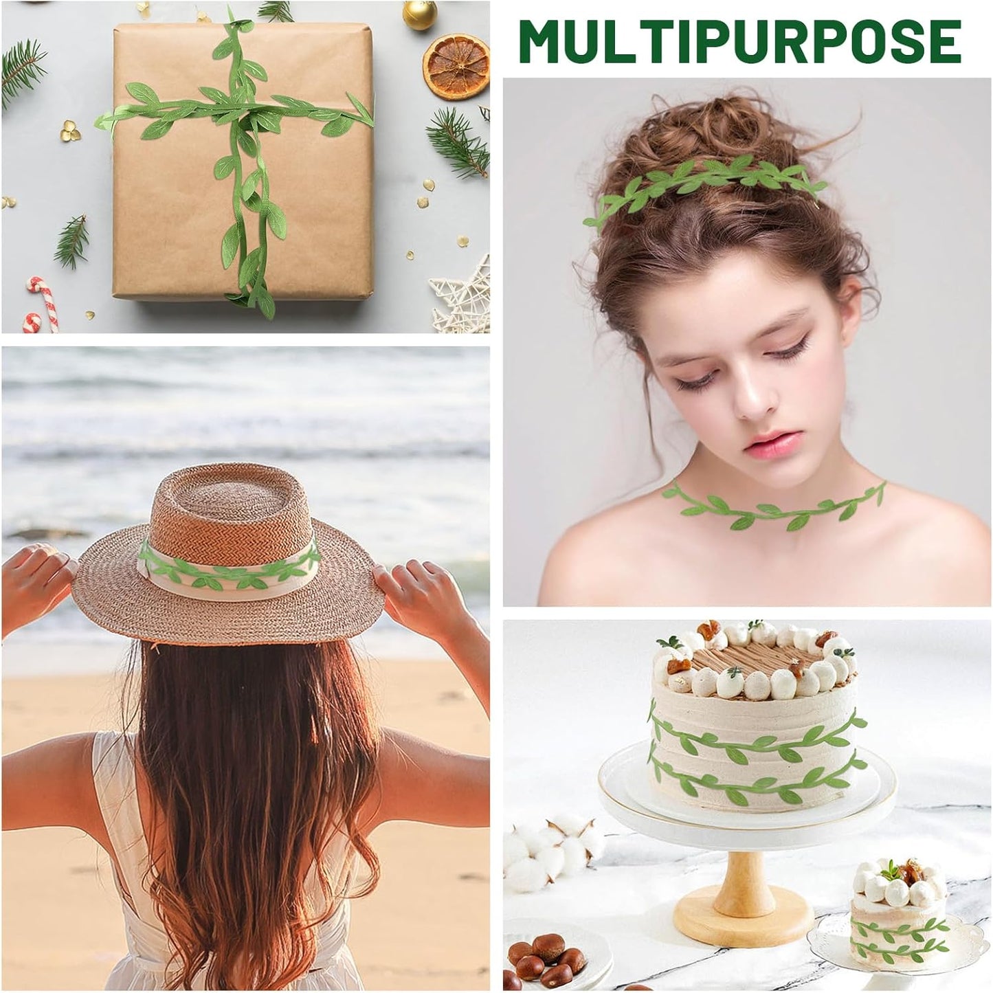 IHKFILAN 262.5 Ft Leaf Ribbon,Olive Green Leaves Leaf Trim Ribbon,Artificial Vines Wild Jungle Decorative Botanical Greenery for Baby Shower Home Wall Garden Wedding Party Wreaths DIY Craft(Green)