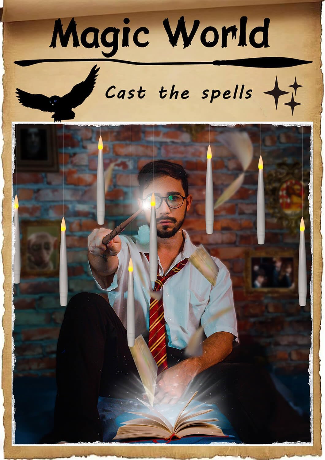 Leejec 20pcs Flameless Taper Floating Candles with Magic Wand Remote, Flickering Warm Light, Battery Operated 6.1" LED Electric Window Candle, Decor for Christmas, Wedding, Halloween, Birthday Party