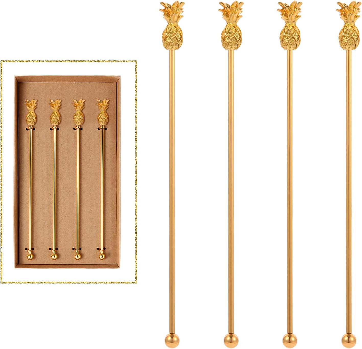 Pineapple Drink Stirrer Sticks Stainless Steel Coffee Beverage Stirrers，Set of 4 Cocktail Swizzle Stick,7.28", Gold