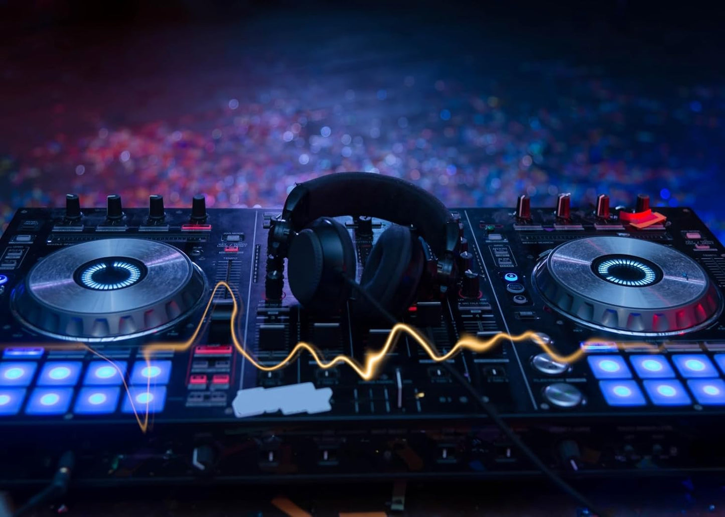 CORFOTO 7x5ft Fabric Dj Mixer with Headphones Backdrop Photography Dj Sound Equipment in Dark Background Musical Dance Disco Party Decorations Live Concert Stage Photoshoot Booth Studio Props