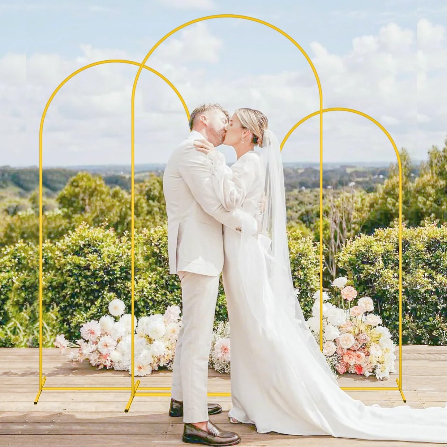 MODFUNS Metal Arch Backdrop Stand and Cover Set 4&5&6ft Beige Wedding Arch Covers Gold Arched Cover Set of 3 Chiara Arches Backdrop Cover for Wedding Ceremony Party Banquet Decoration