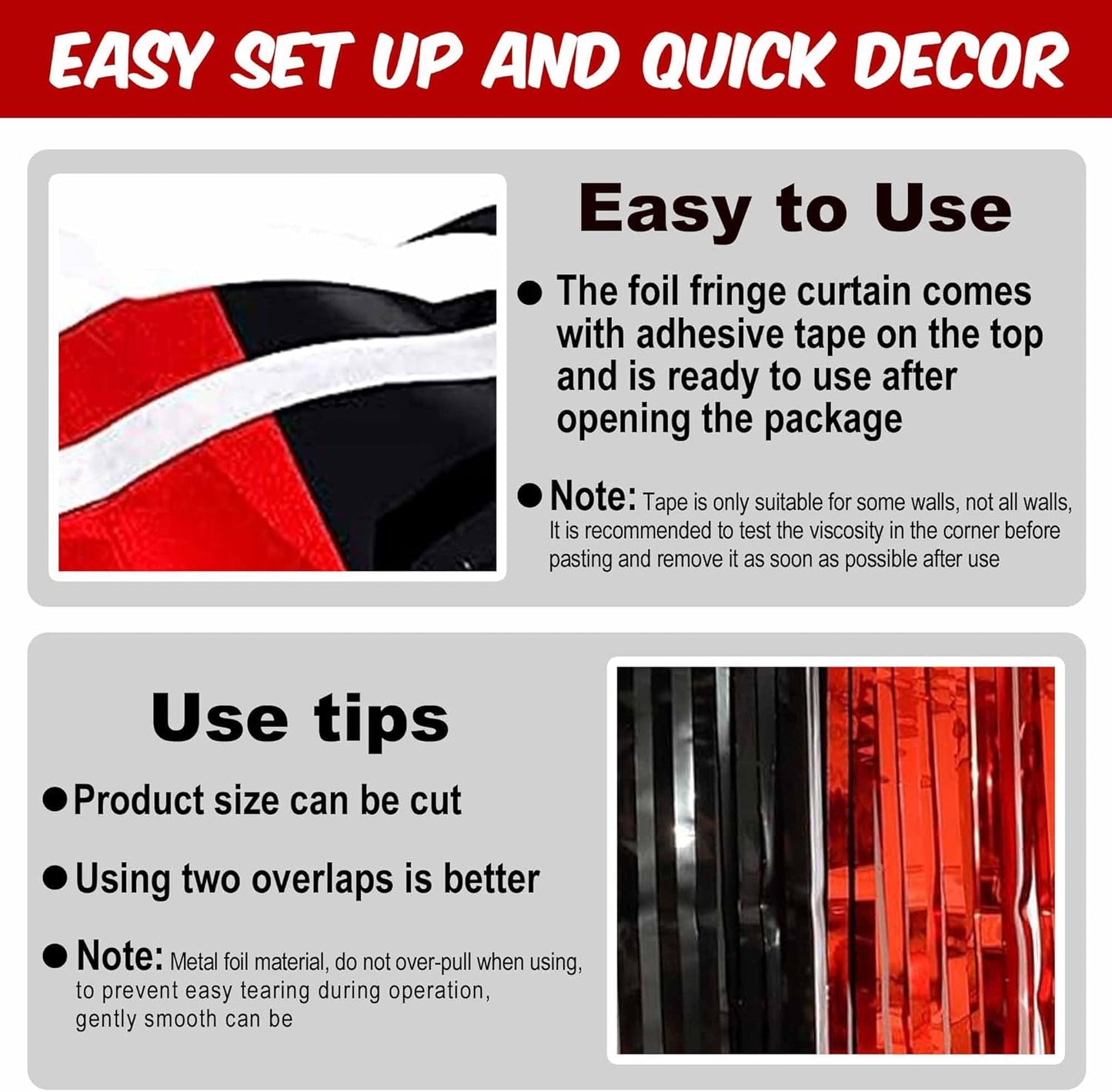 6 Pack Black and Red Foil Fringe Curtains Backdrop, 3.28 x 8.2 Ft Metallic Streamers Tinsel Curtains Background for Photo Booth, Birthday, Weddings, Carnivals, Graduation, Themed Party Decorations