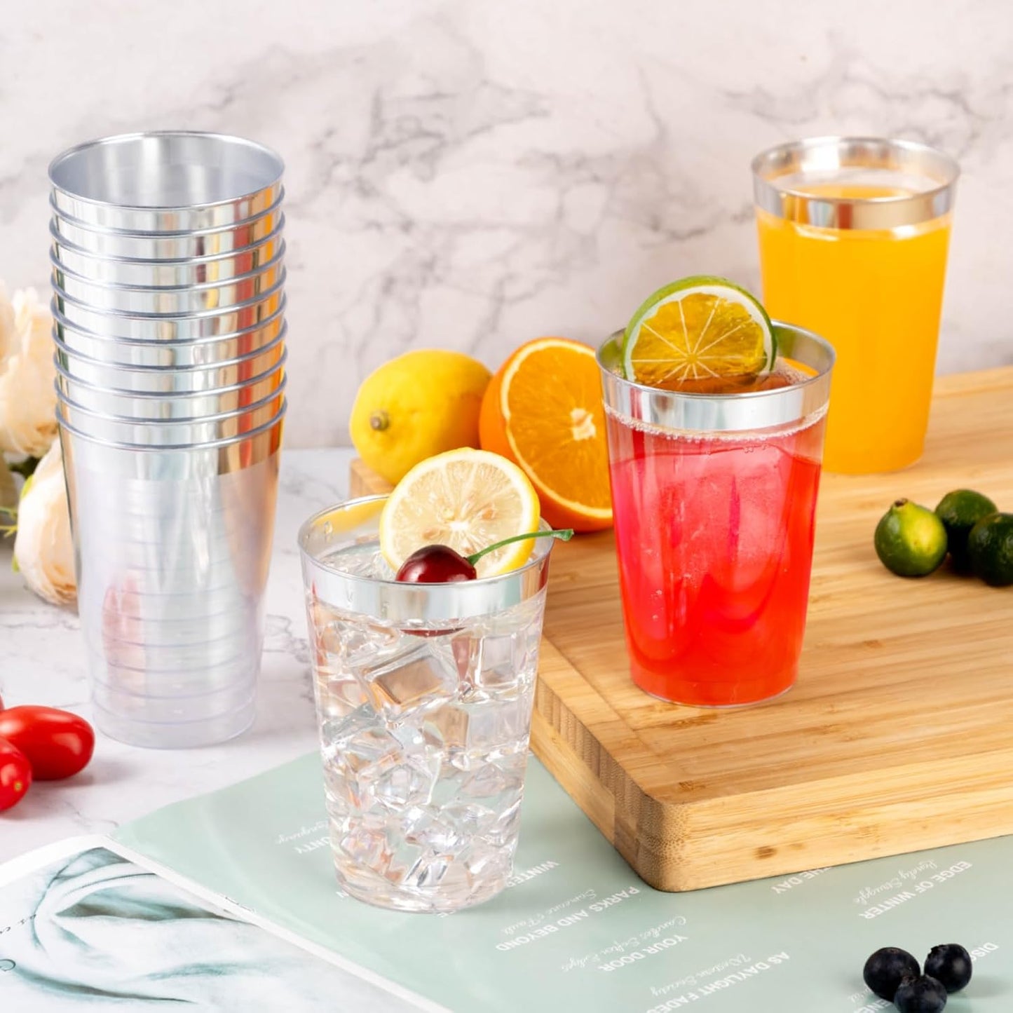 Goodluck 100PCS 14oz Silver Plastic Cups for Party, Disposable Silver Cups, Plastic Cocktail Glasses for Wedding Thanksgiving, Christmas, and Parties