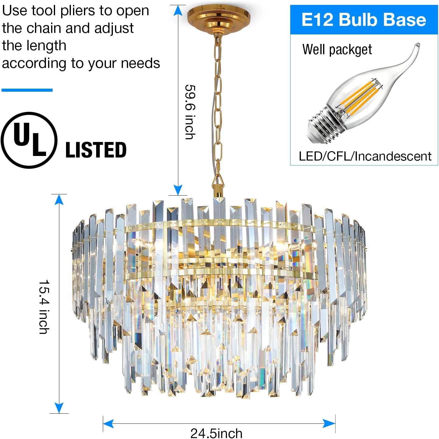 Gold Copper Crystal Chandelier Lighting 24'' for Dining Rooms Bedroom Foyer Entryway Ceiling Hanging Pendant Chandelier Light Fixture Lamp