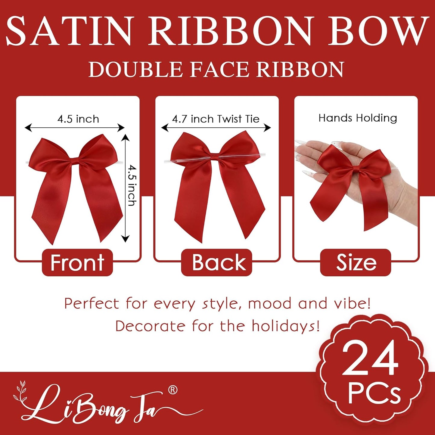 4.5" Satin Ribbon Red Bows for Gift Wrapping, Twist Tie Bows, Cute Bows for Crafts, Party Favors, Premade Bows Pre-Tied Decorative Bows for Flower Bouquets Candy Apple Bows-24 Counts