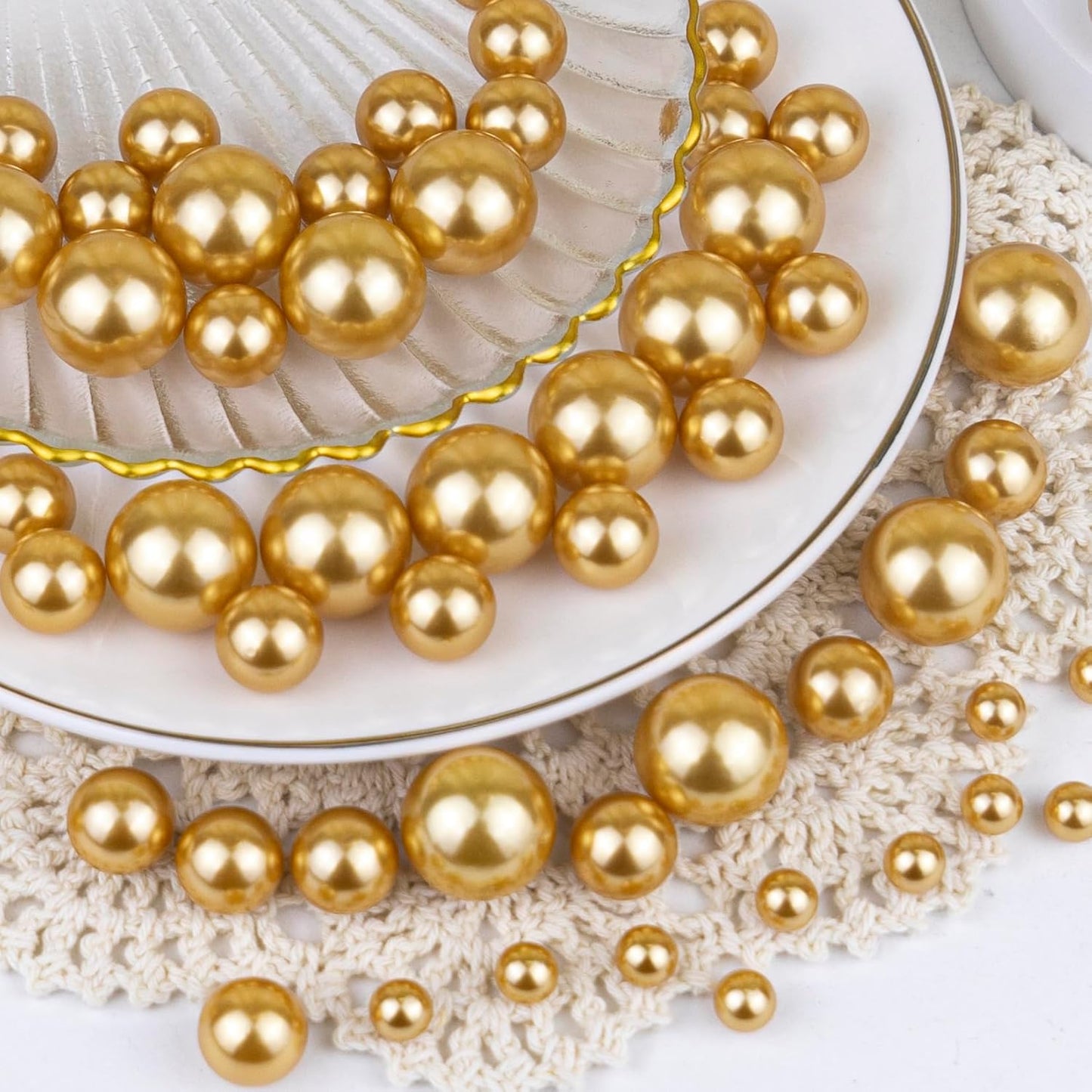 120 PCS 8/14/20mm No Hole Polish Pearl Beads for Centerpiece, Gold Beads Decorative Vase Fillers, Plastics Pearls for Vases, Table Scatters, Wedding Party Decor