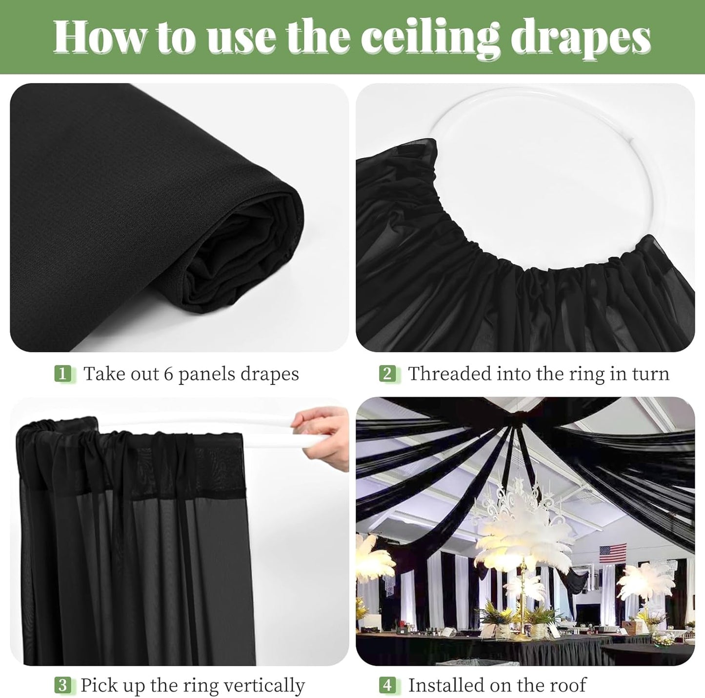 6 Panels Black Wedding Ceiling Drapes 5ftx30ft Ceiling Drapes Chiffon Fabric Arch Draping Sheer Curtains Soft Drapery Draping Wedding Ceiling Decorations for Party Ceremony Stage Swag