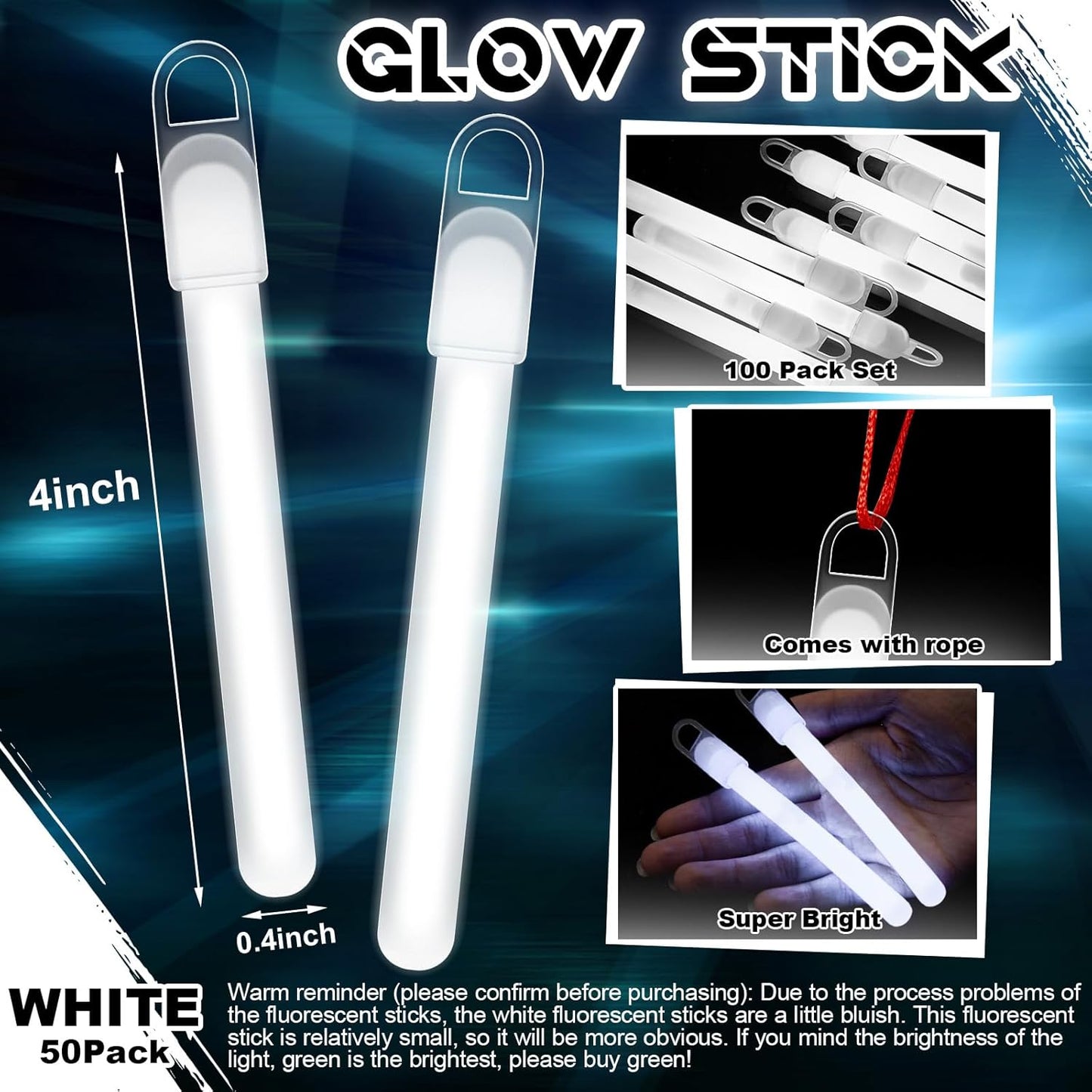 Lewtemi 50 Set 4'' Glow Sticks Bulk, Hallowee Glow in The Dark Party Supplies, Emergency Light Sticks with Lanyard, for Birthday, Light up, Neon, Halloween Theme Party Favors