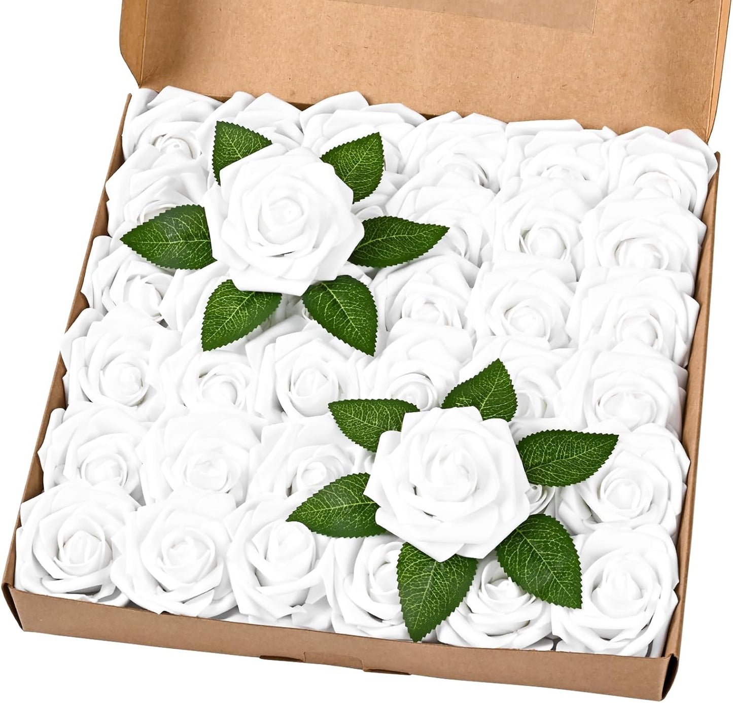 BLEUM CADE 36Pcs Artificial Flowers Fake Roses with Stems, White Boxed Foam Roses for DIY Bouquets Centerpieces Wedding Party Arrangement Bridal Shower Decor