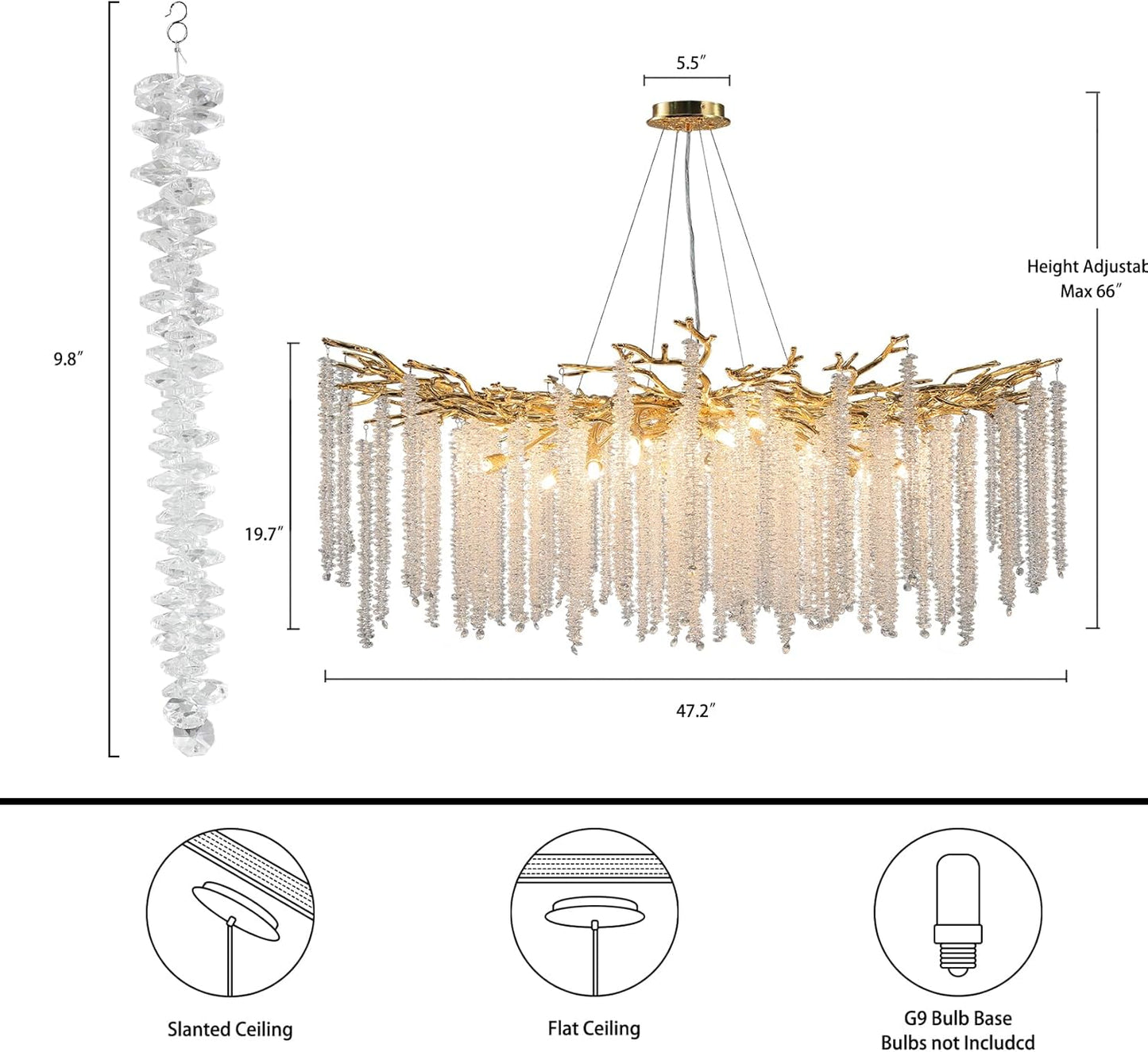 YUYI Modern Crystal Chandelier, 47.2" Gold Tree Branch Chandelier for Dining Room, Round Luxury High Ceiling Chandeliers Pendant Light Over Table, Hanging Fixture for Bedroom, Living Room, Kitchen