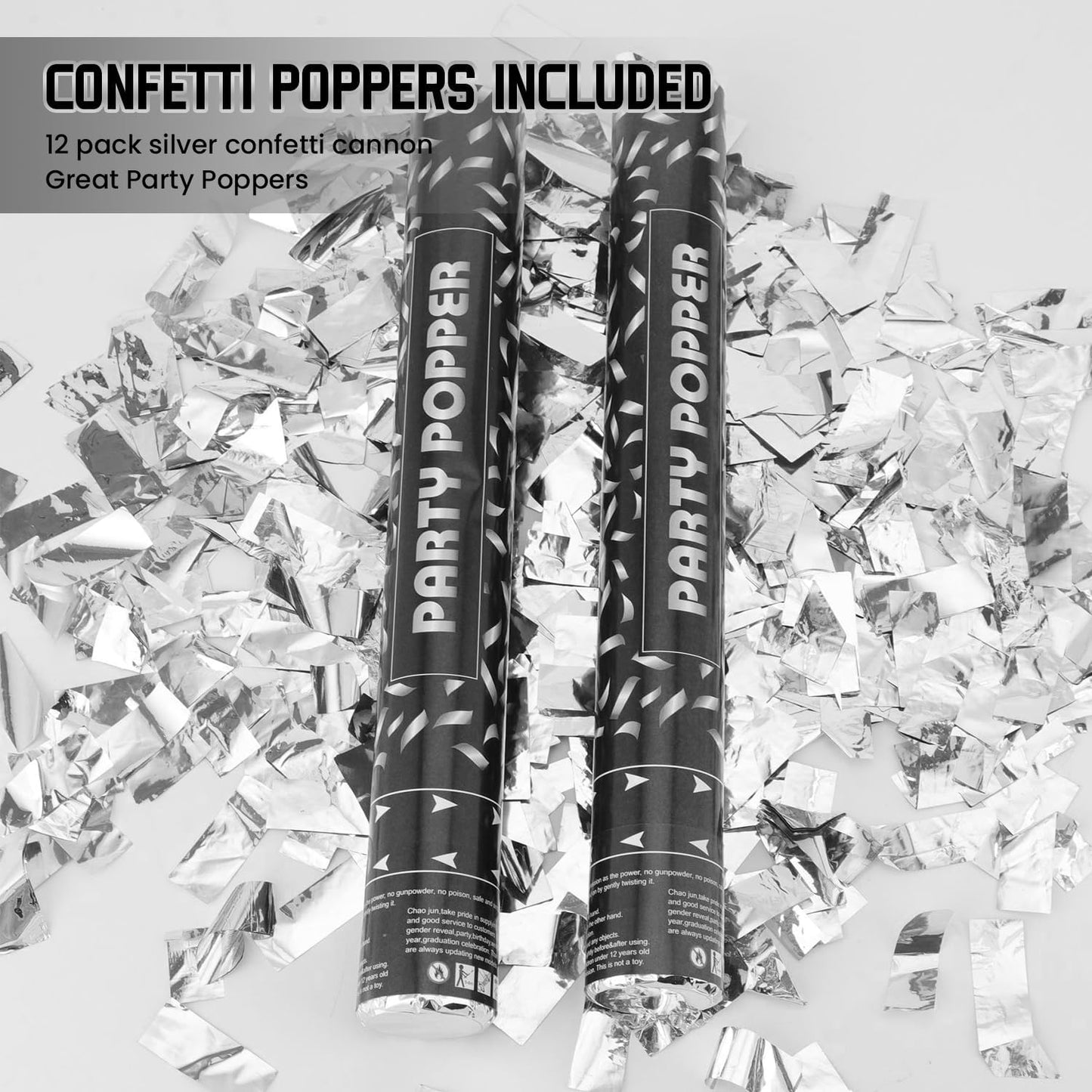 Party Poppers Confetti Cannon 12 Pack Silver Poppers 12 Inch Party Shooters Mylar Confetti Silver Foil Confetti Cannons Bulk for Wedding Birthday Graduation Baby Gender Reveal Christmas New Year