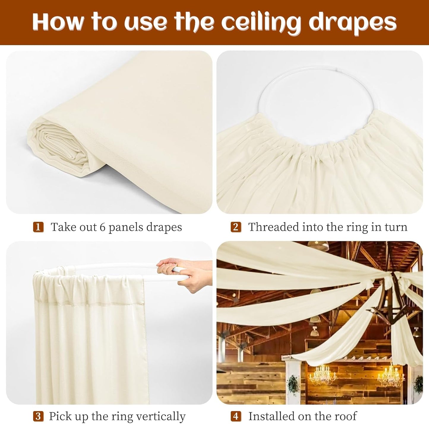 6 Panels Ivory Ceiling Drapes 5ftx10ft Wedding Chiffon Fabric Arch Draping Sheer Curtains Soft Drapery for Party Ceremony Stage Swag Decorations