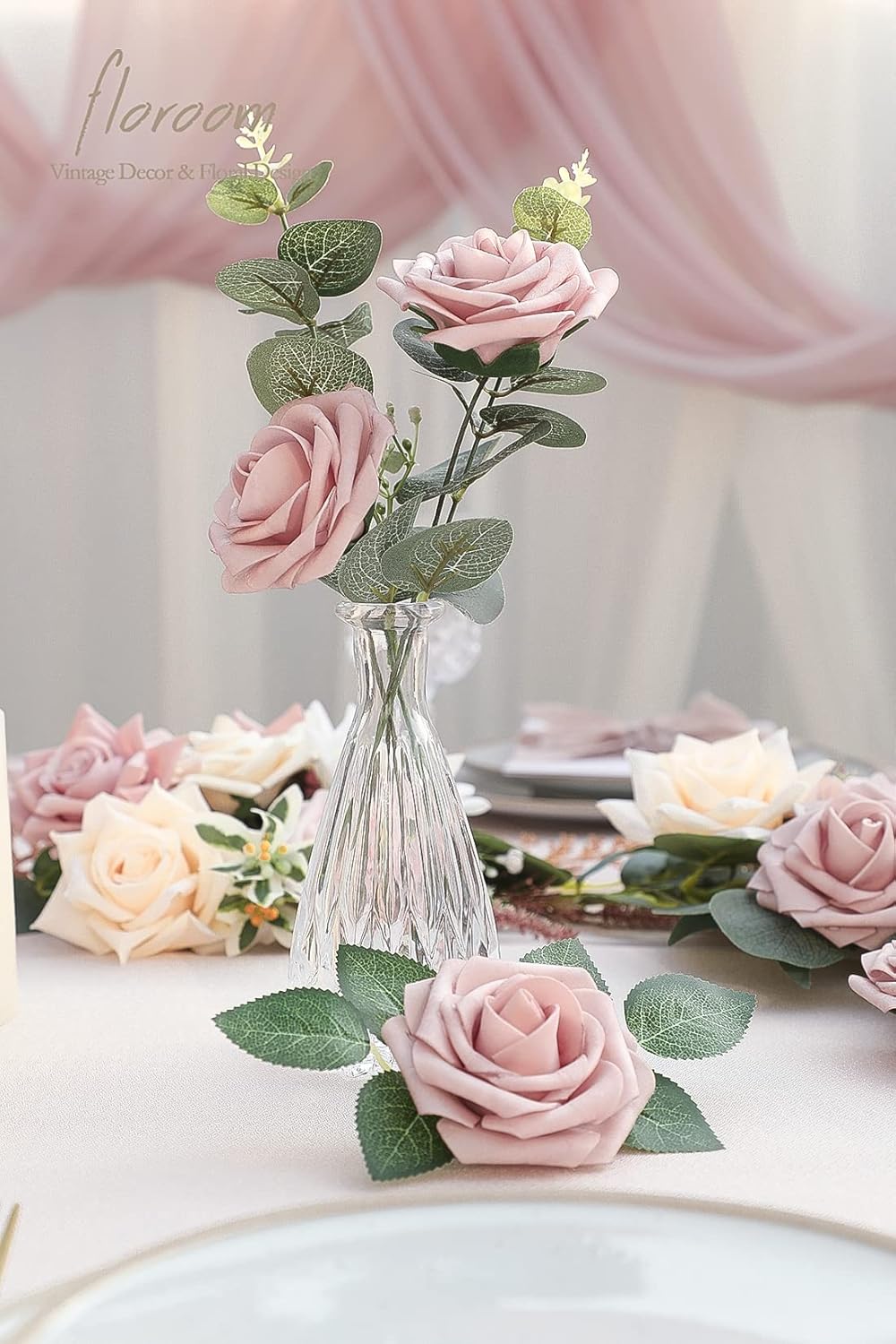Floroom Artificial Flowers 25pcs Real Looking Shabby Blush Foam Fake Roses with Stems for DIY Wedding Bouquets Bridal Shower Centerpieces Floral Arrangements Party Tables Home Decorations