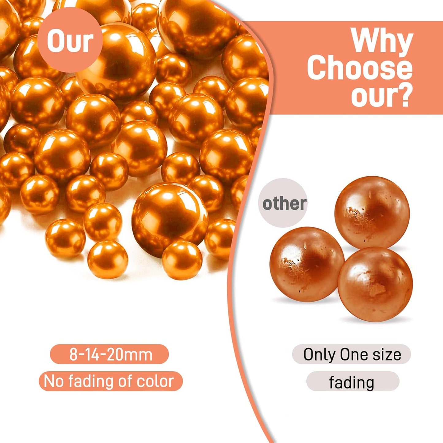 120 PCS 8/14/20mm No Hole Polish Pearl Beads for Centerpiece, Orange Beads Decorative Vase Fillers, Plastics Pearls for Vases, Table Scatters, Wedding Party Decor