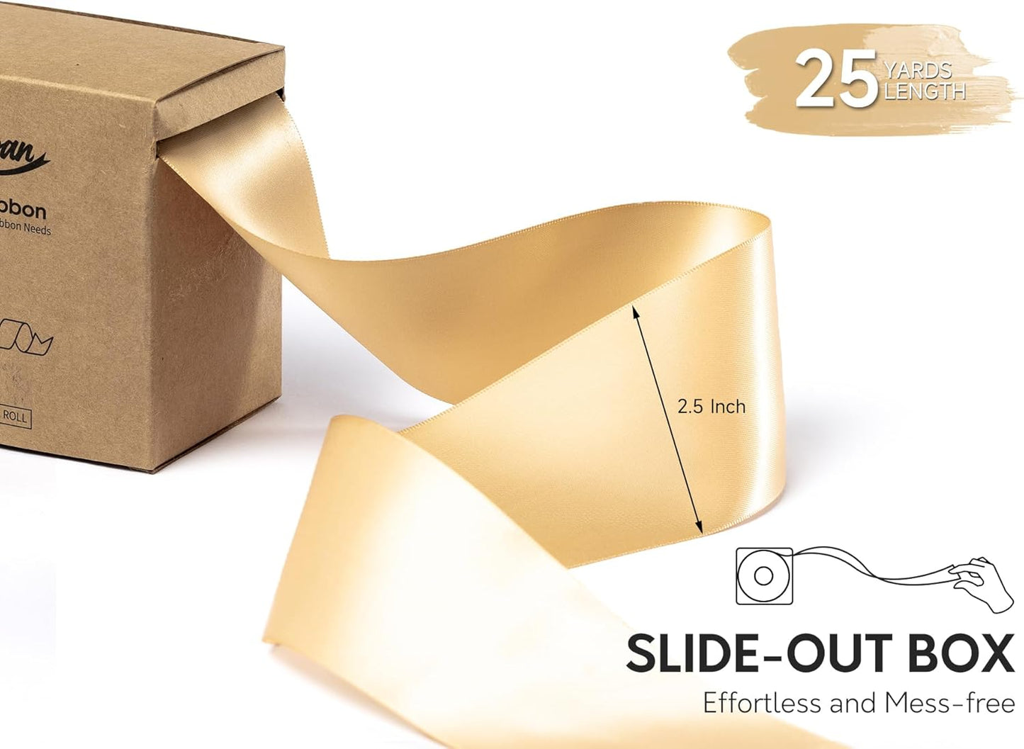 Champagne Satin Ribbon 2.5 Inch Double-Faced Polyester Ribbons 25 Yards for Hair Bows Gift Wrapping Crafts Floral Bouquet Wedding Invitations