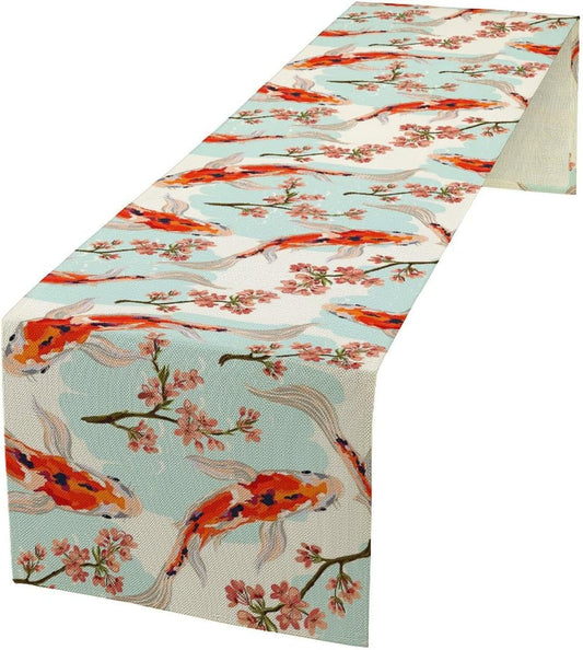 Japanese Kio Fish Table Runner Cherry Flower Art Printed Burlap Runner Home Kitchen Dining Table Living Room Decor Fabric 1 Panel W13xL120in