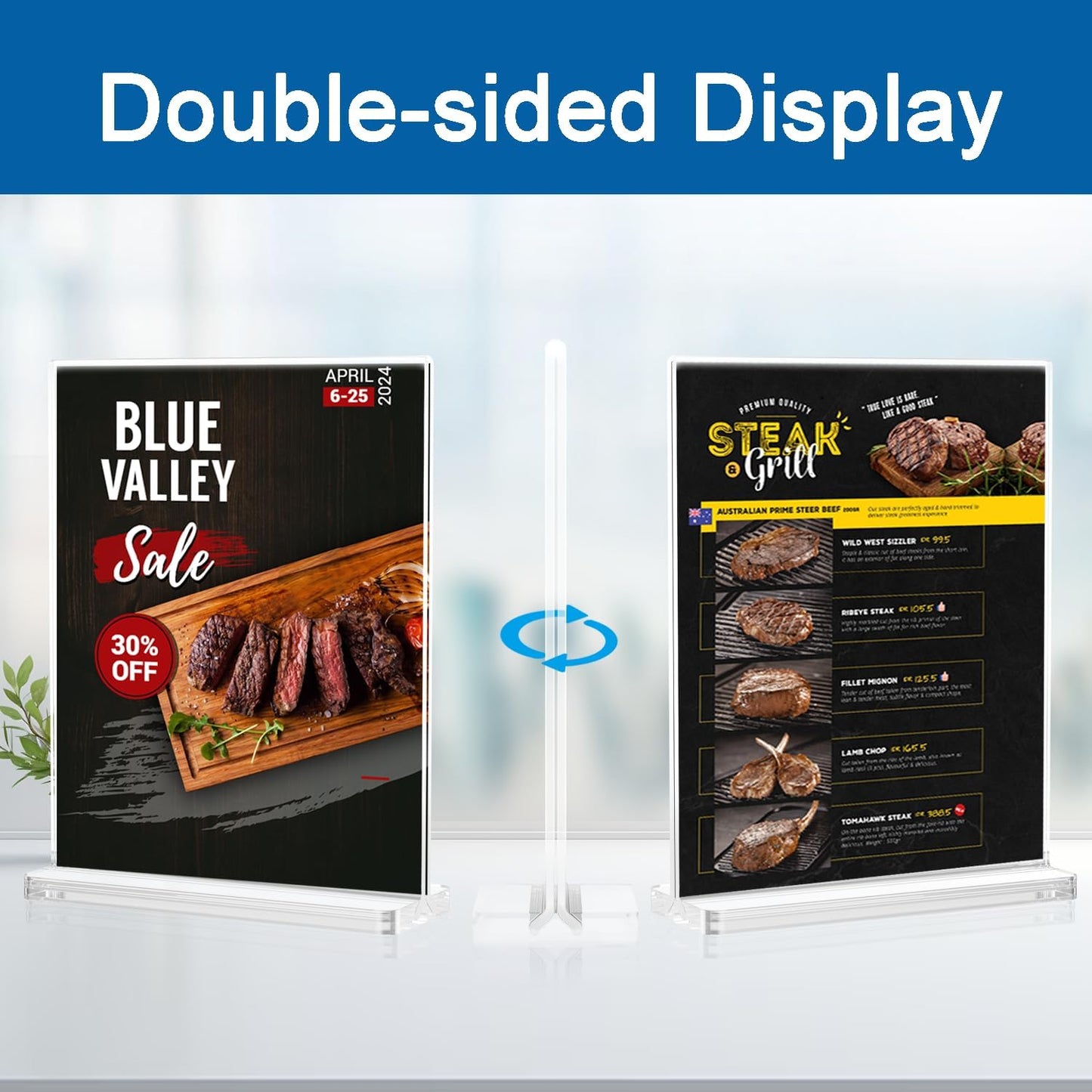 BlueValley Acrylic Sign Holder 8.5 x 11 Vertical - Double Sided Clear Sign Holders Plastic Stands for Display-6 Pack Document Paper Sign Stand for Table Top, Office, Restaurant, Store, Wedding, Party, Show Fairs