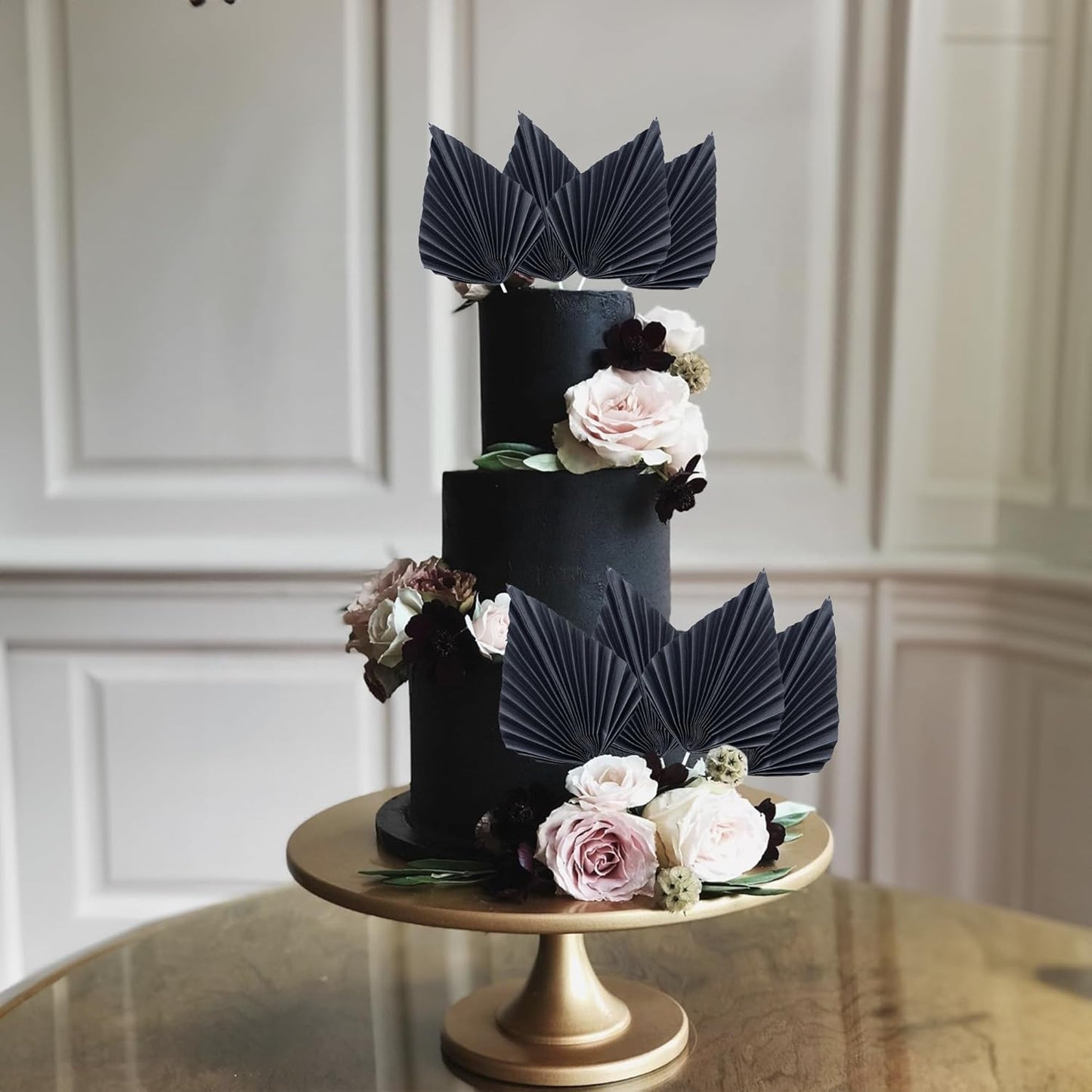 Ephlyn 6Pcs Paper Palm Fan Cake Topper Palm Leaf Fan Cake Pick for DIY Cake Bakeware Baby Shower Wedding Bridal Shower Birthday Anniversary Party Cake Decorations Supplies Black
