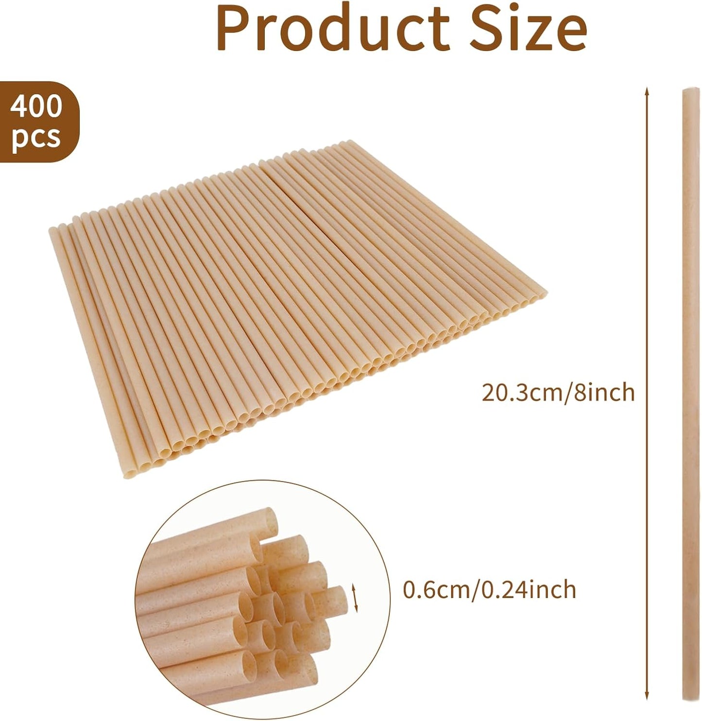 400 Pcs Sugarcane Straws Disposable, 8 In Drinking Agave Long Edible Compostable Biodegradable Cocktail Straws, Natural Brown Juice Coffee Tea Bulk Straw, Sturdy Straw for Drinks Home Restaurant