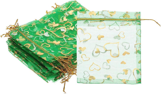 PATIKIL 100 Pcs 5x7 Inch Heart Printed Organza Bags, Green Sheer Heart Organza Bags with Drawstring for Christmas Candy Jewelry Party Wedding Favor Gift