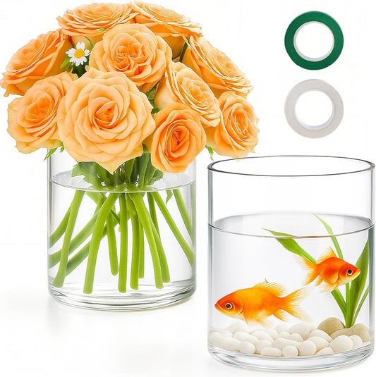 2Pcs Glass Cylinder Vases for Centerpieces, 6" x 4.7" Wide Mouth Flower Vase Hurricane Glass Candle Holders, Clear Vases Bulk with 2 Floral Tapes for Floating Candles Wedding Party Home Decor