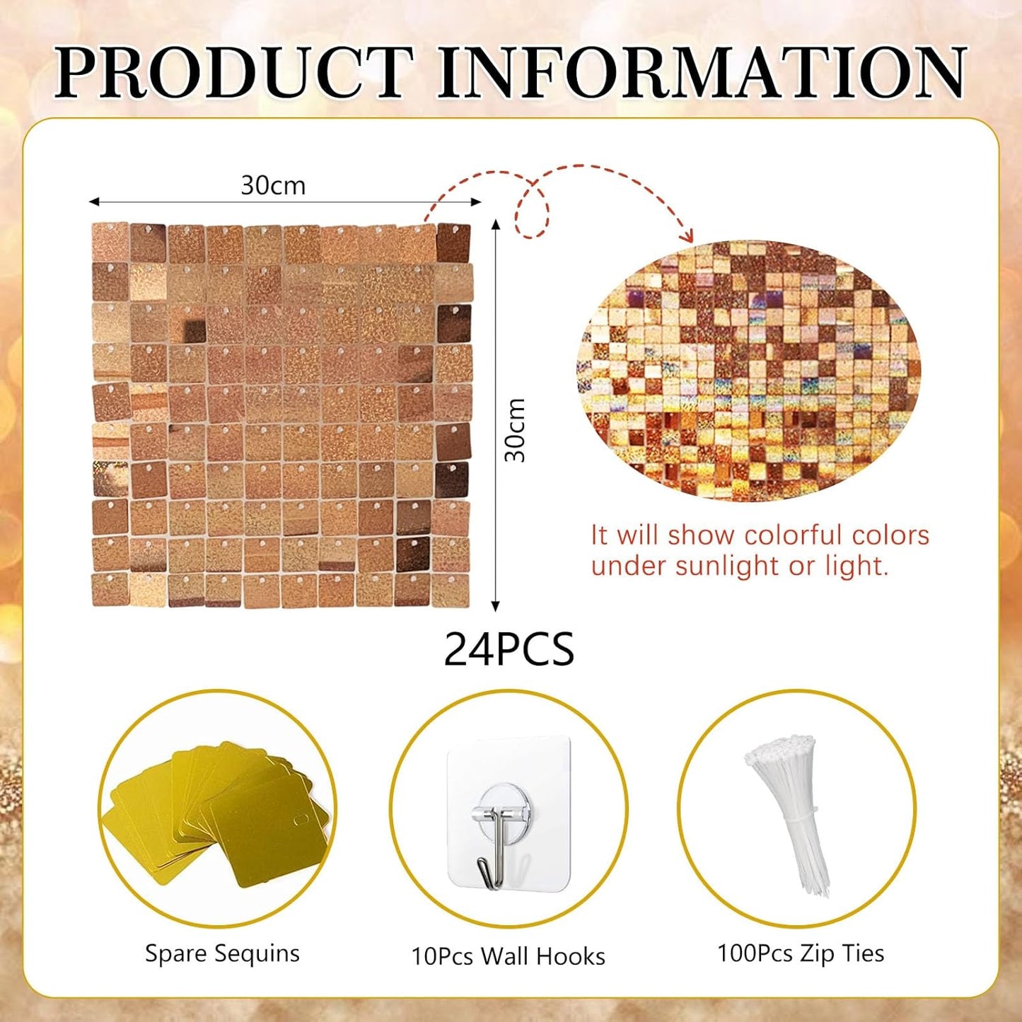 24PCS Champagne Shimmer Wall Backdrop, Laser Square Sequin Photo Backdrops Panel, Glitter Wall Background for Birthdays, Weddings, Christmas, Engagements, Disco Bachelorette Party Decoration (4FTx6FT)